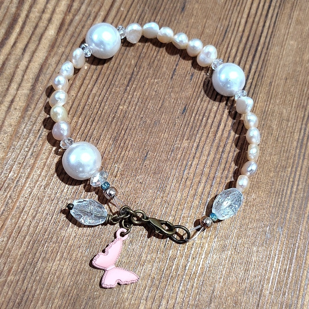 Butterfly and Freshwater Pearl Beaded Ladies Bracelet, Ladies Pearl Bracelet - Picture 2 of 7
